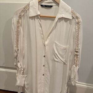 Zara Cream Embellished Button Down Shirt